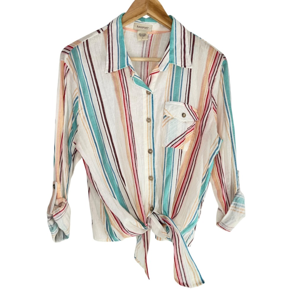 Passport Tie Front Shirt Womens L White Multi Stripe Cotton Roll Tab